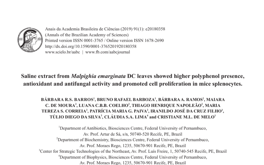 Saline extract from Malpighia emarginata DC leaves showed higher polyphenol presence, antioxidant and antifungal activity and promoted cell proliferation in mice splenocytes. 