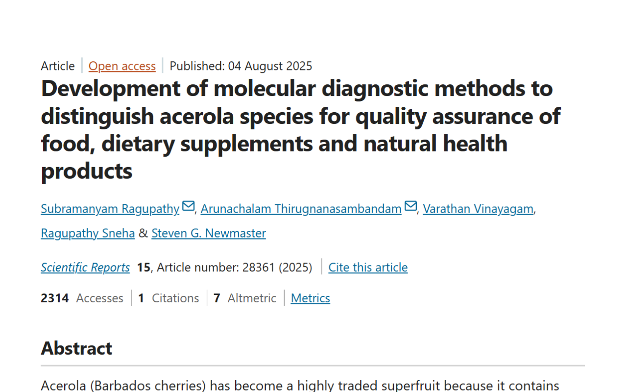 The title of a scientific article is "Development of molecular diagnostic methods to distinguish acerola species for quality assurance of food, dietary supplements and natural health products".