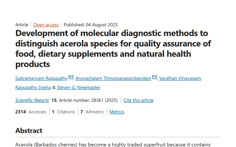 The title of a scientific article is "Development of molecular diagnostic methods to distinguish acerola species for quality assurance of food, dietary supplements and natural health products".