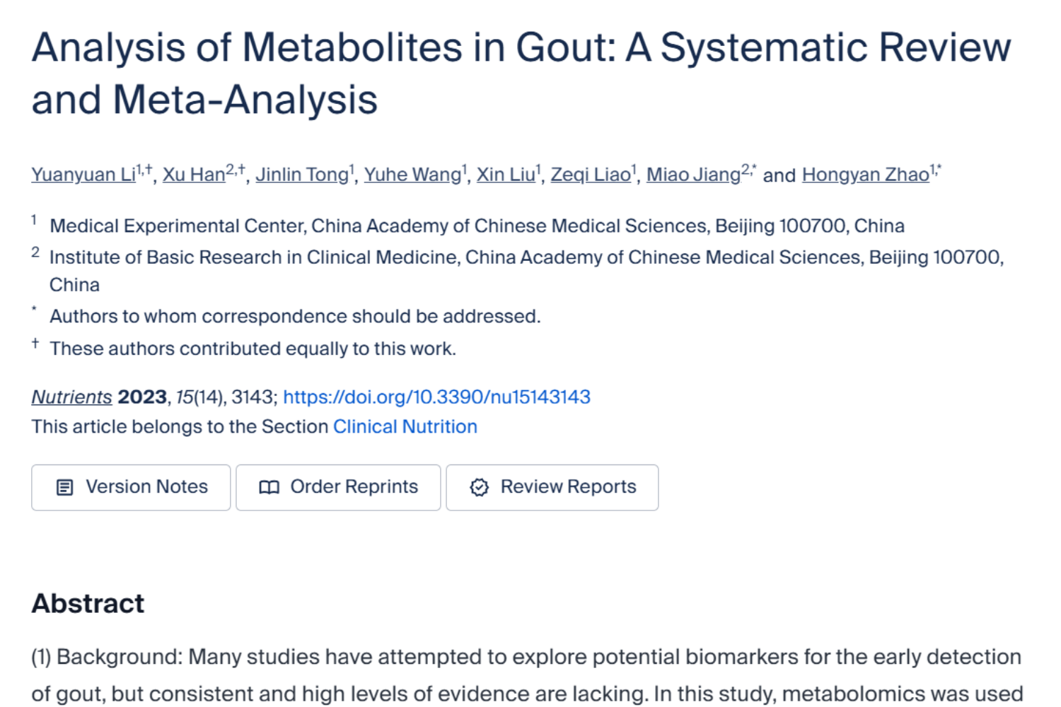 A research paper titled 'Analysis of Metabolites in Gout: A Systematic Review and Meta-Analysis' with author and publication details.