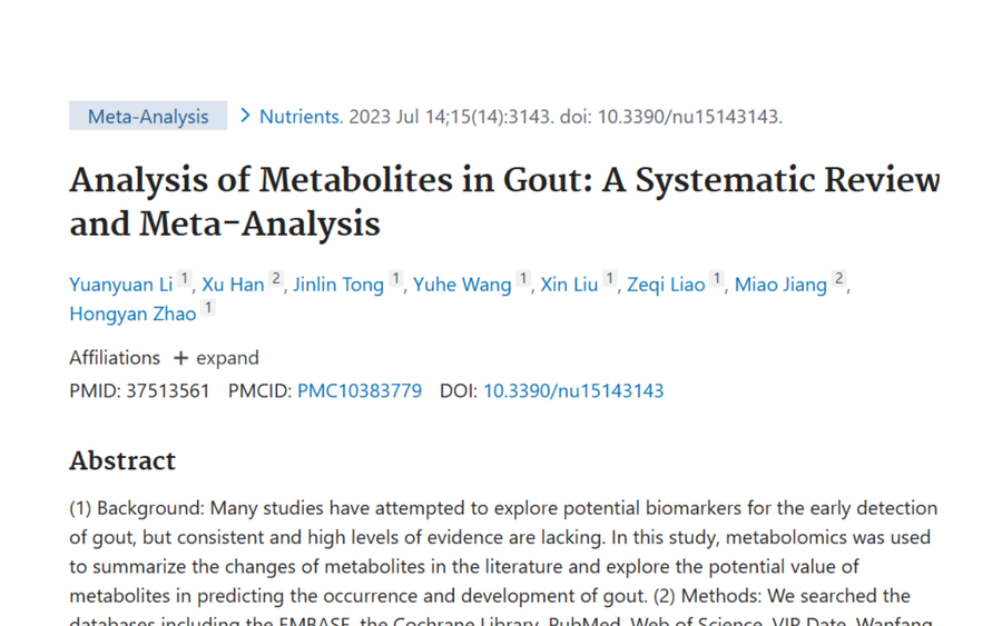 A research paper titled 'Analysis of Metabolites in Gout: A Systematic Review and Meta-Analysis' with author and publication details.
