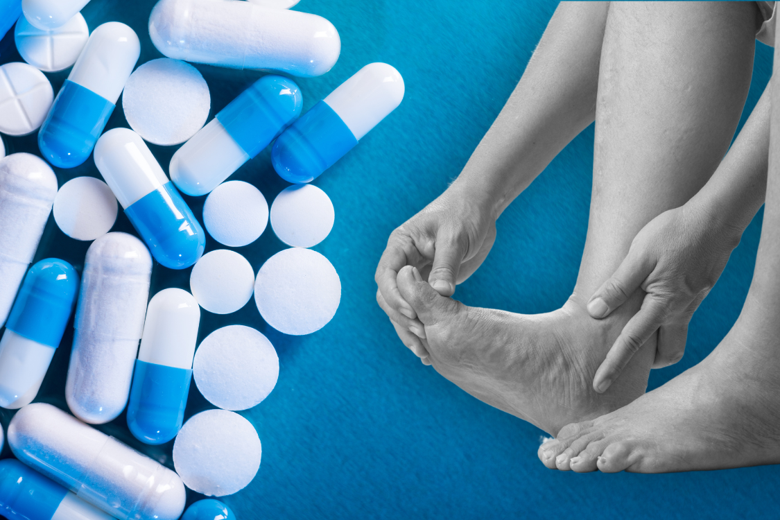 Blue and white antibiotic pills beside a person holding their swollen foot, showing joint pain from a gout attack