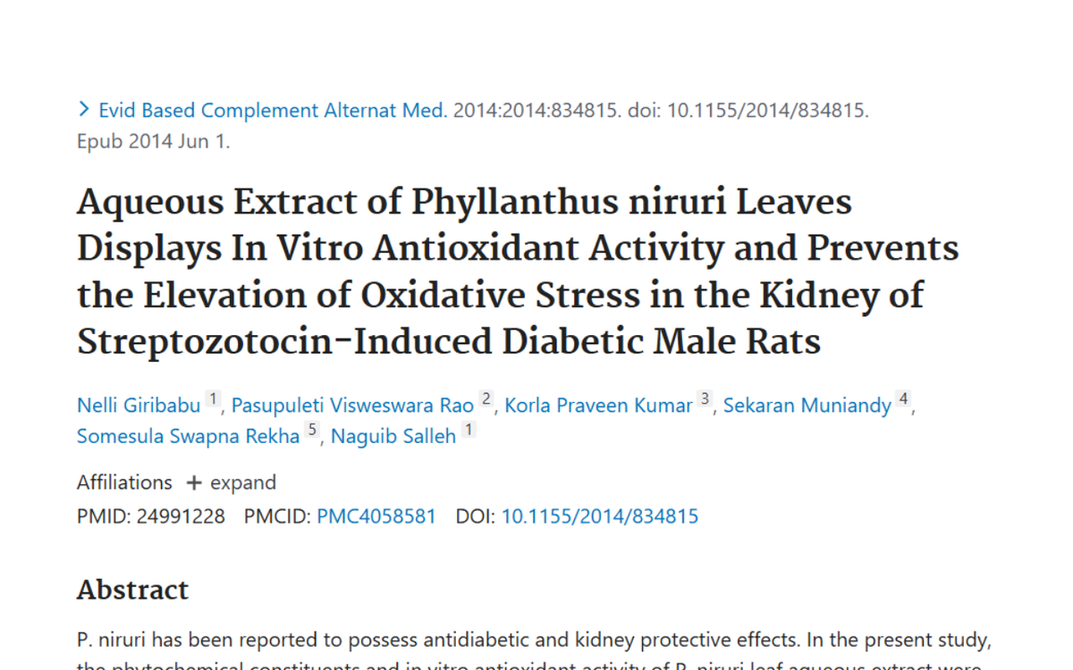Aqueous Extract of Phyllanthus niruri Leaves Displays In Vitro Antioxidant Activity and Prevents the Elevation of Oxidative Stress in the Kidney of Streptozotocin-Induced Diabetic Male Rats.