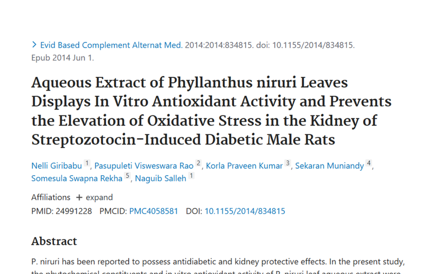 Aqueous Extract of Phyllanthus niruri Leaves Displays In Vitro Antioxidant Activity and Prevents the Elevation of Oxidative Stress in the Kidney of Streptozotocin-Induced Diabetic Male Rats.