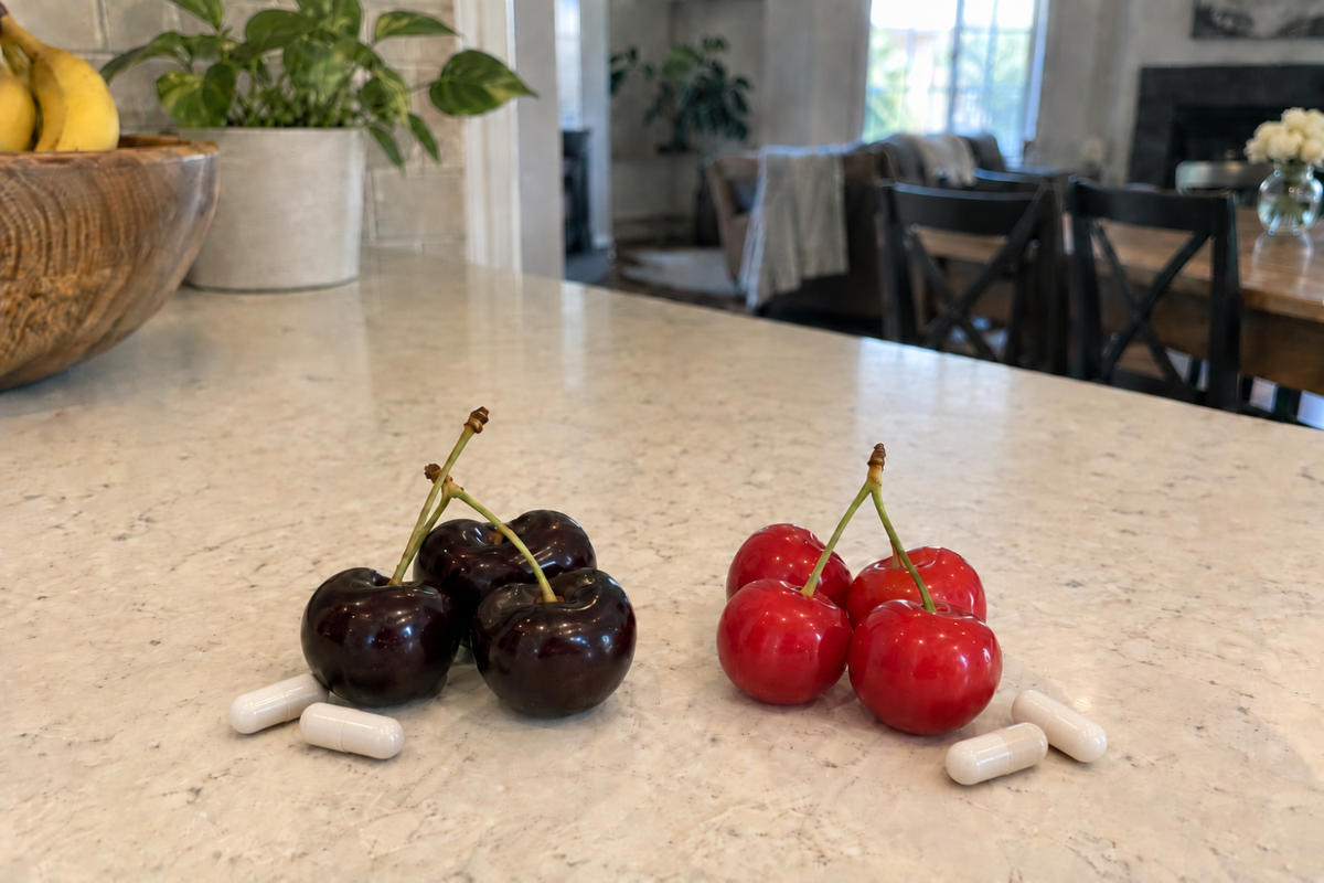 Black cherries on the left and red tart cherries on the right, with white capsules beside each group on a countertop.