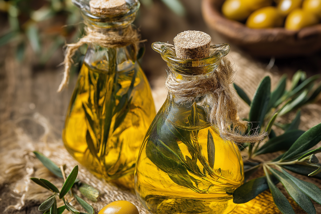 Bottles of olive oil.