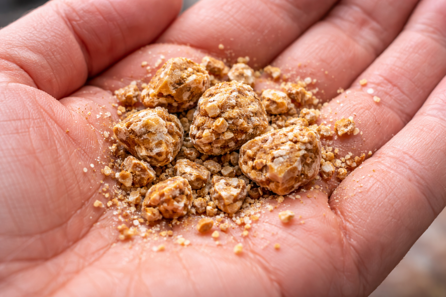 A close-up shot of a hand holding several small, irregularly shaped, light brown kidney stones mixed with sand-like particles.