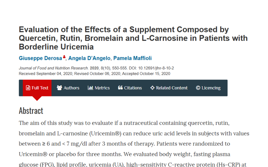 The title of a research paper: "Evaluation of the Effects of a Supplement Composed by Quercetin, Rutin, Bromelain and L-Carnosine in Patients with Borderline Uricemia."