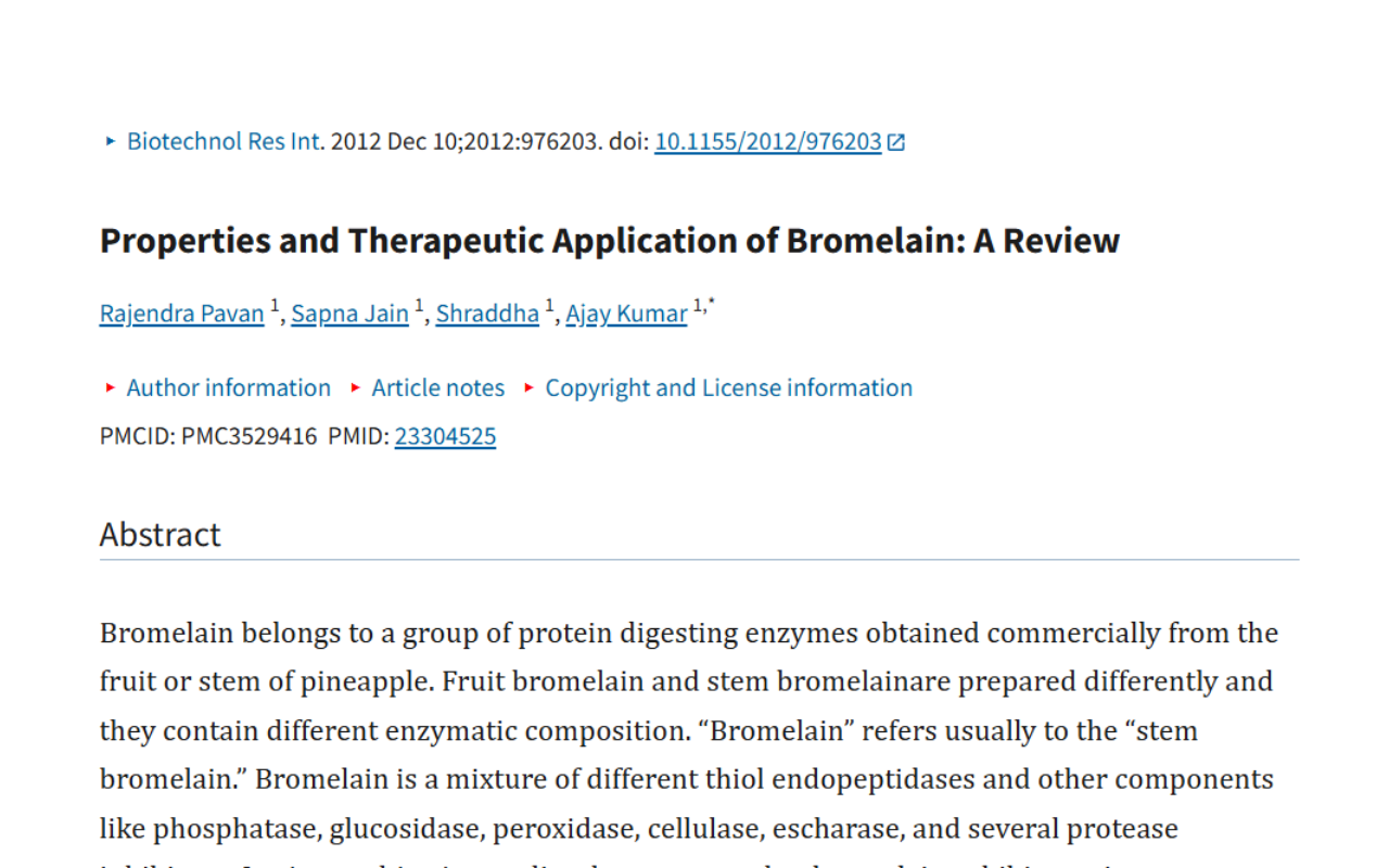 Title page of a scientific review article titled "Properties and Therapeutic Application of Bromelain: A Review"