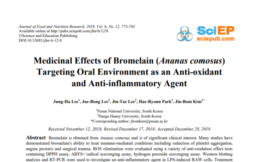 Journal article titled "Medicinal Effects of Bromelain (Ananas comosus) Targeting Oral Environment as an Anti-oxidant and Anti-inflammatory Agent" with author names and affiliations.