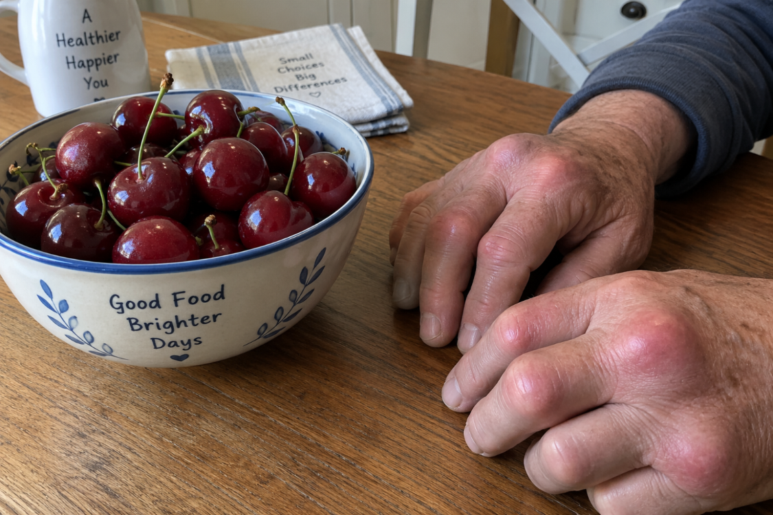 Bowl of cherries with wellness messages, linked to gout diet.