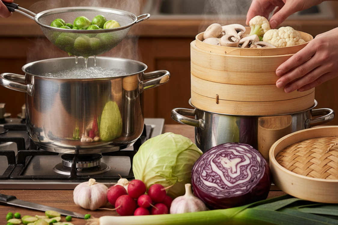 Cooking low oxalate vegetables like Brussels sprouts, mushrooms, cauliflower, and cabbage by boiling and steaming