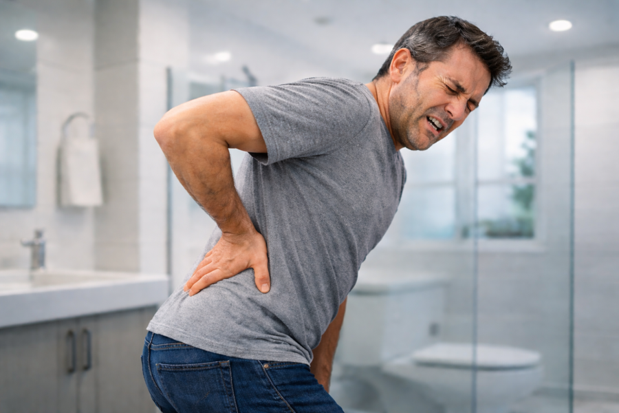 Man puts his hand on his back.