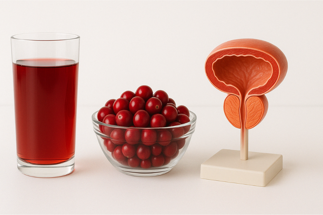 Cranberry juice and cranberries next to a prostate model representing prostate health.
