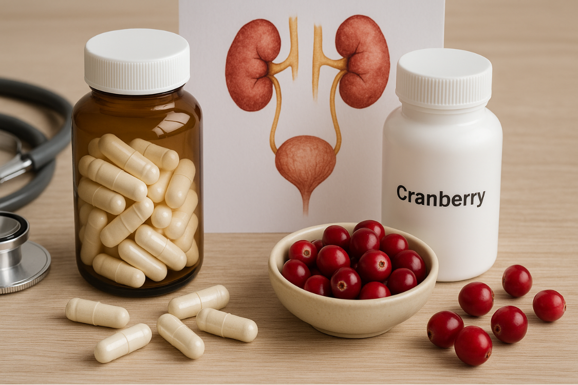 Cranberry supplements and fresh cranberries with kidney diagram used for supporting urinary tract health and preventing UTIs