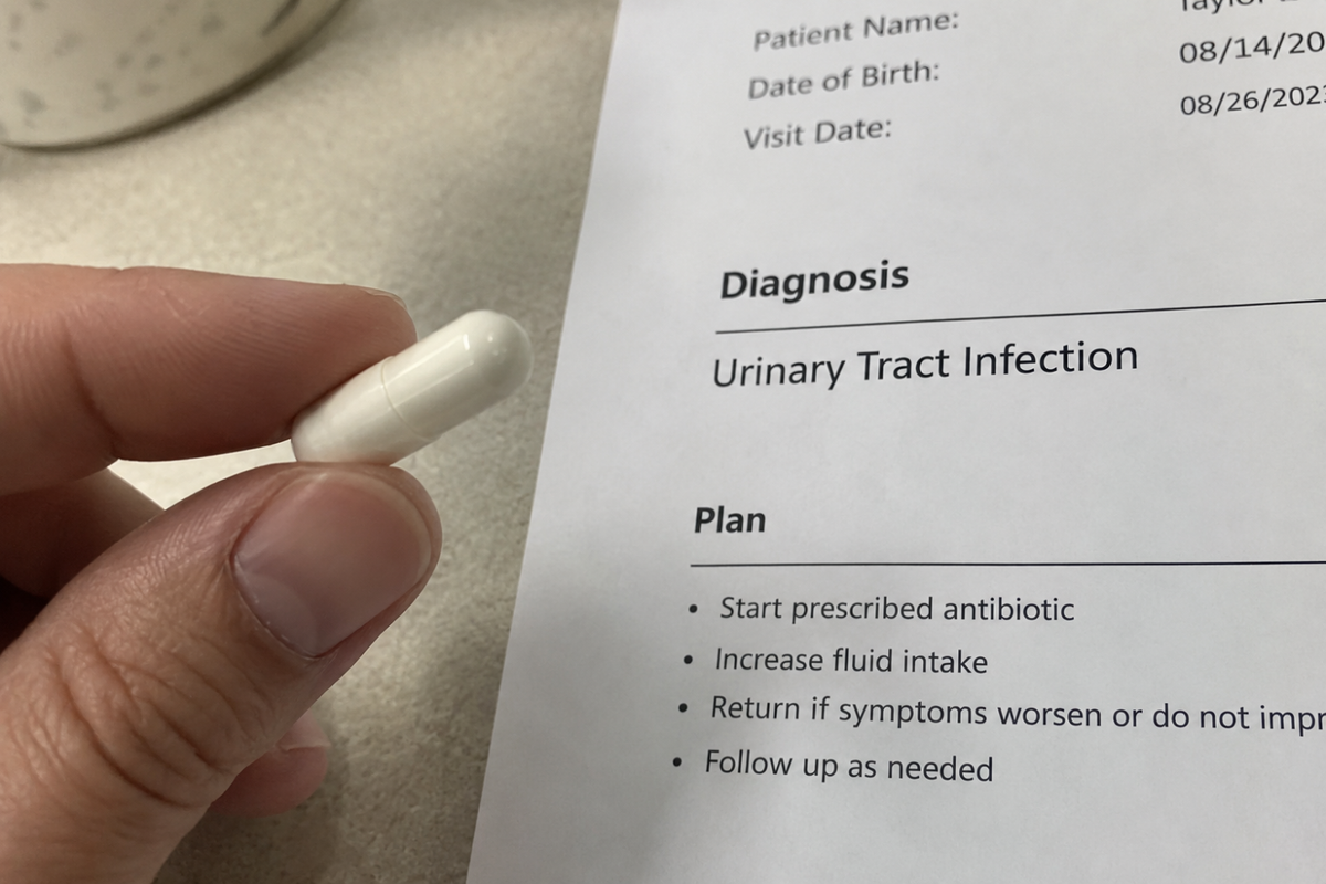 D‑Mannose capsule held beside UTI diagnosis plan.