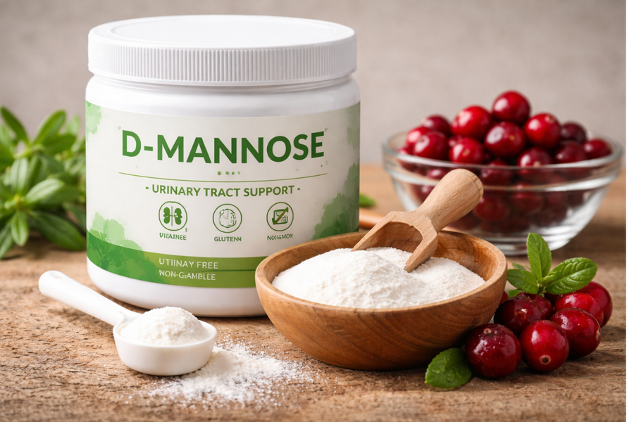 A white jar labeled D-Mannose Urinary Tract Support sits next to a wooden bowl filled with white powder and a wooden scoop. Fresh cranberries and mint leaves are scattered around the bowl and scoop.
