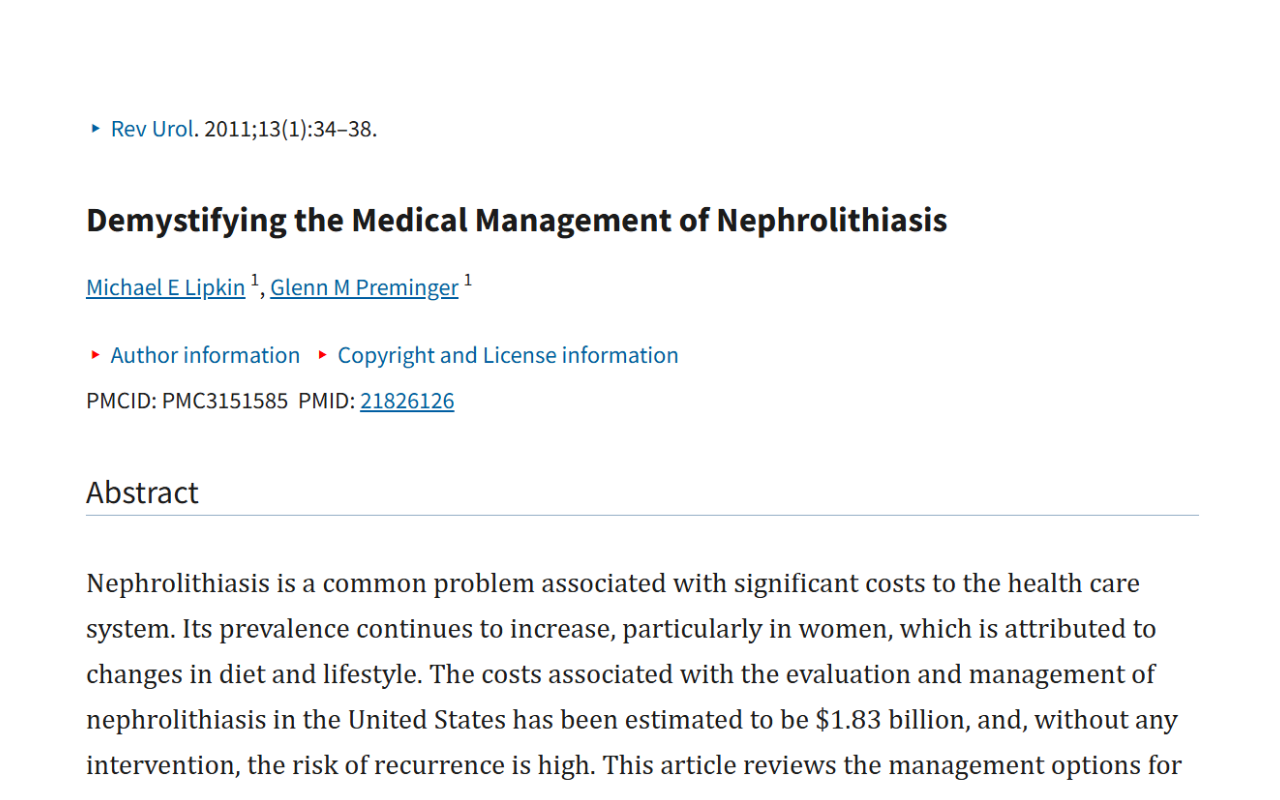 A scholarly article titled 'Demystifying the Medical Management of Nephrolithiasis' discussing the prevalence and costs of nephrolithiasis, especially among women, and reviewing management options including a new formulation of potassium citrate.