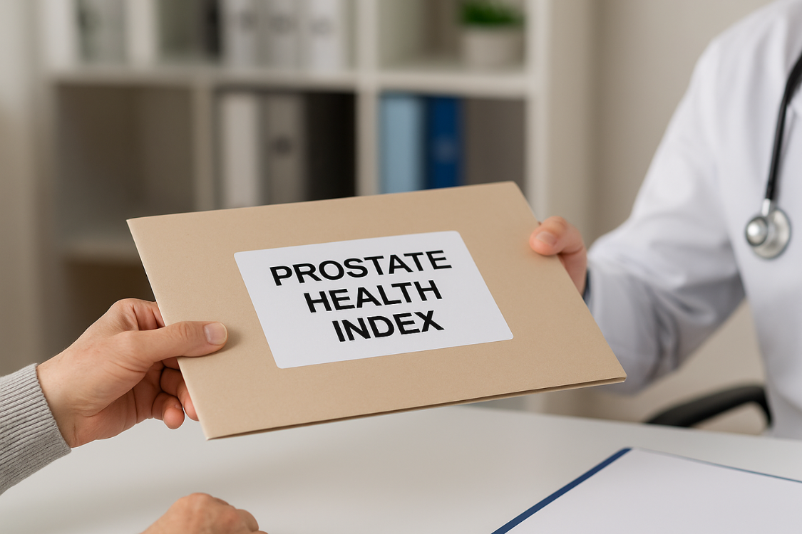 Doctor handing a patient a folder labeled Prostate Health Index for prostate cancer risk evaluation