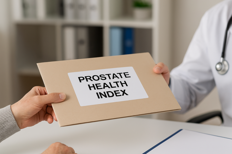 Doctor handing a patient a folder labeled Prostate Health Index for prostate cancer risk evaluation