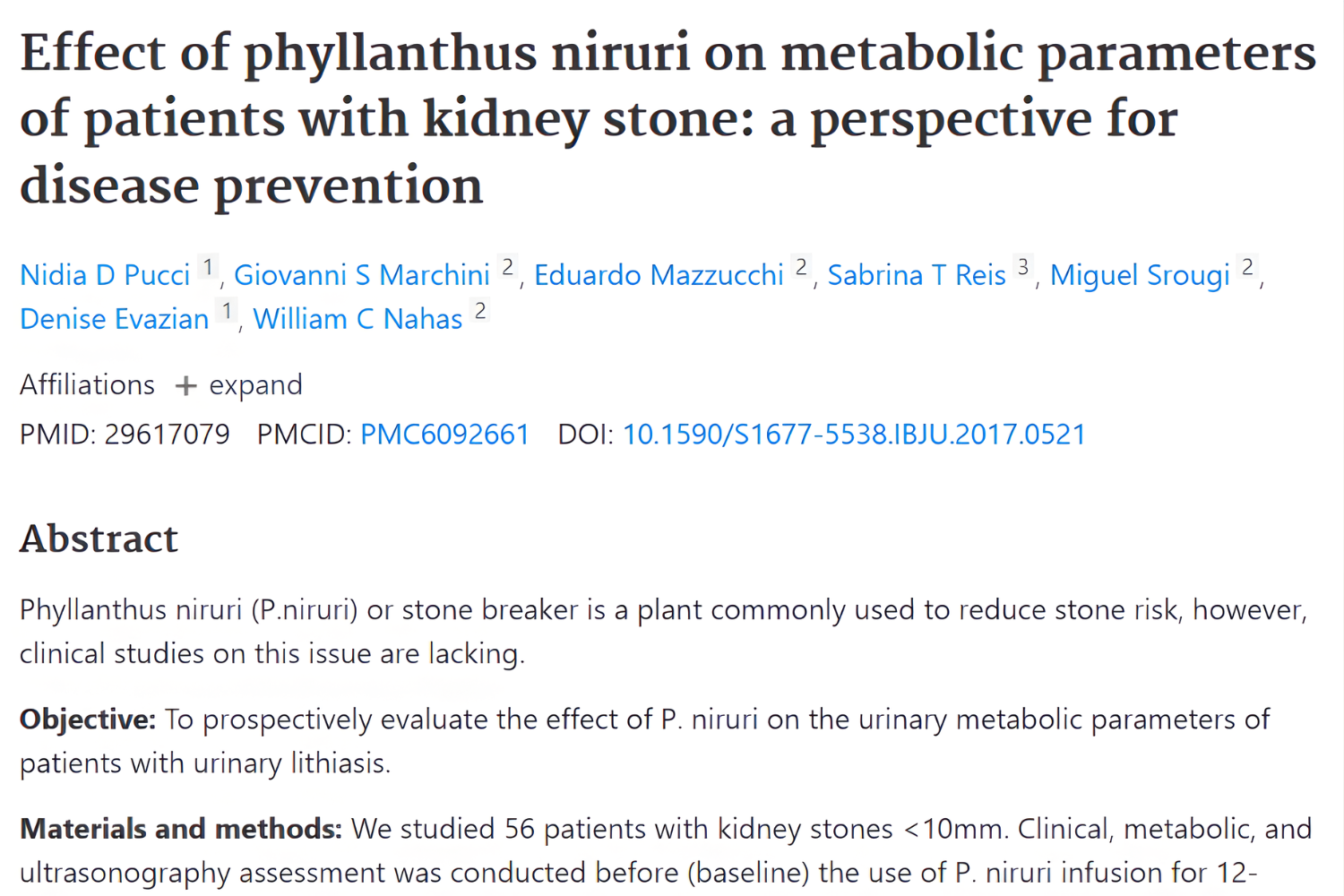 A research paper titled "Effect of phyllanthus niruri on metabolic parameters of patients with kidney stone: a perspective for disease prevention".