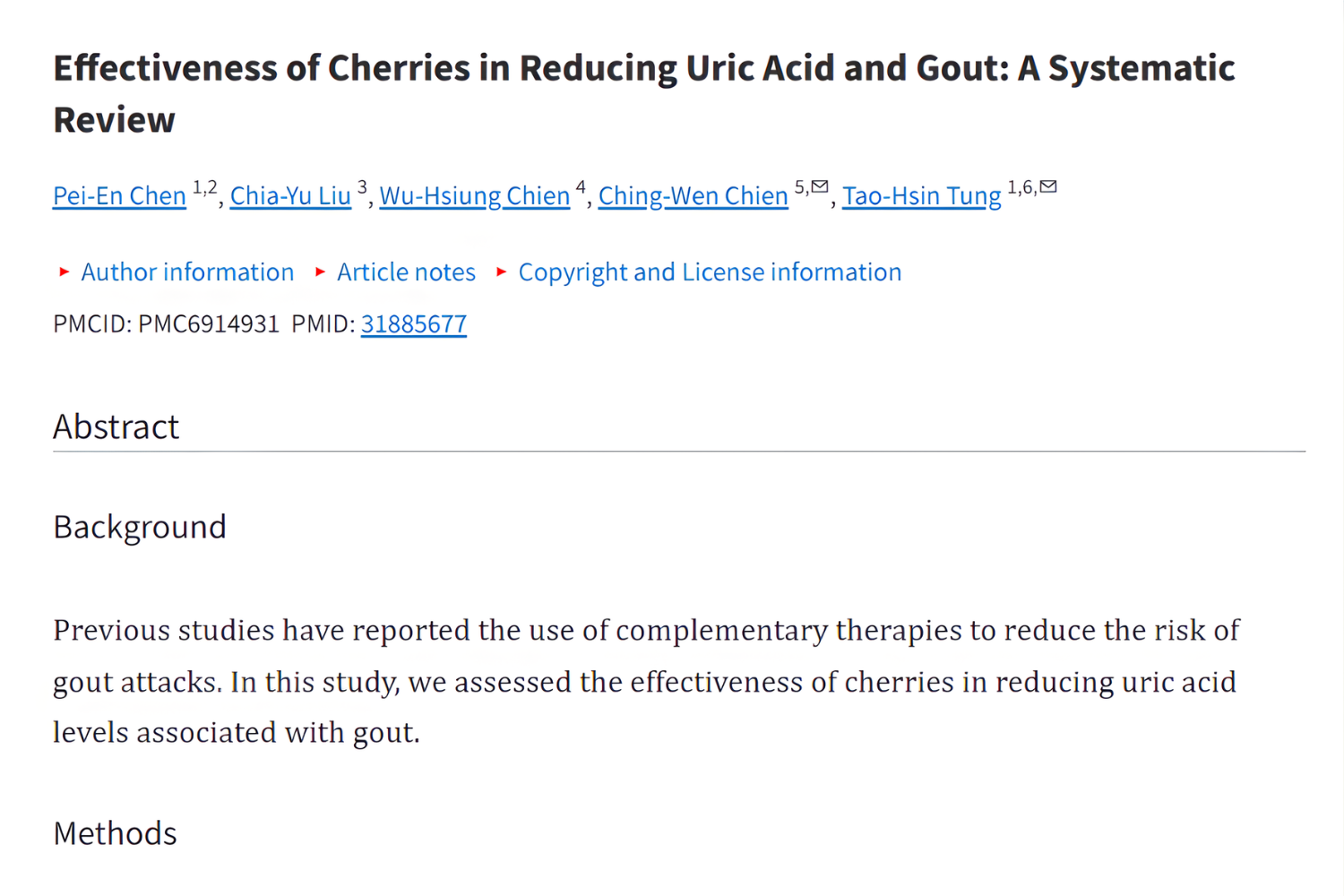 A document titled, "Effectiveness of Cherries in Reducing Uric Acid and Gout: A Systematic Review," with author information and an abstract outlining the study's background, methods, and search criteria.