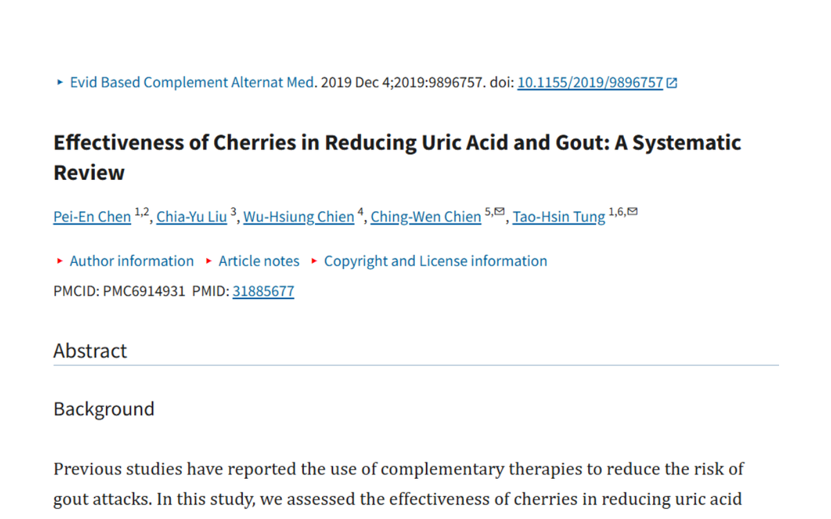 A document titled, "Effectiveness of Cherries in Reducing Uric Acid and Gout: A Systematic Review," with author information and an abstract outlining the study's background, methods, and search criteria.