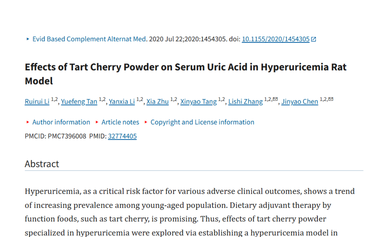Scientific article abstract on the effects of tart cherry powder on serum uric acid in a hyperuricemia rat model.