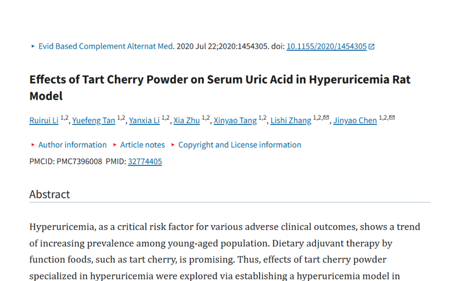 Scientific article abstract on the effects of tart cherry powder on serum uric acid in a hyperuricemia rat model.