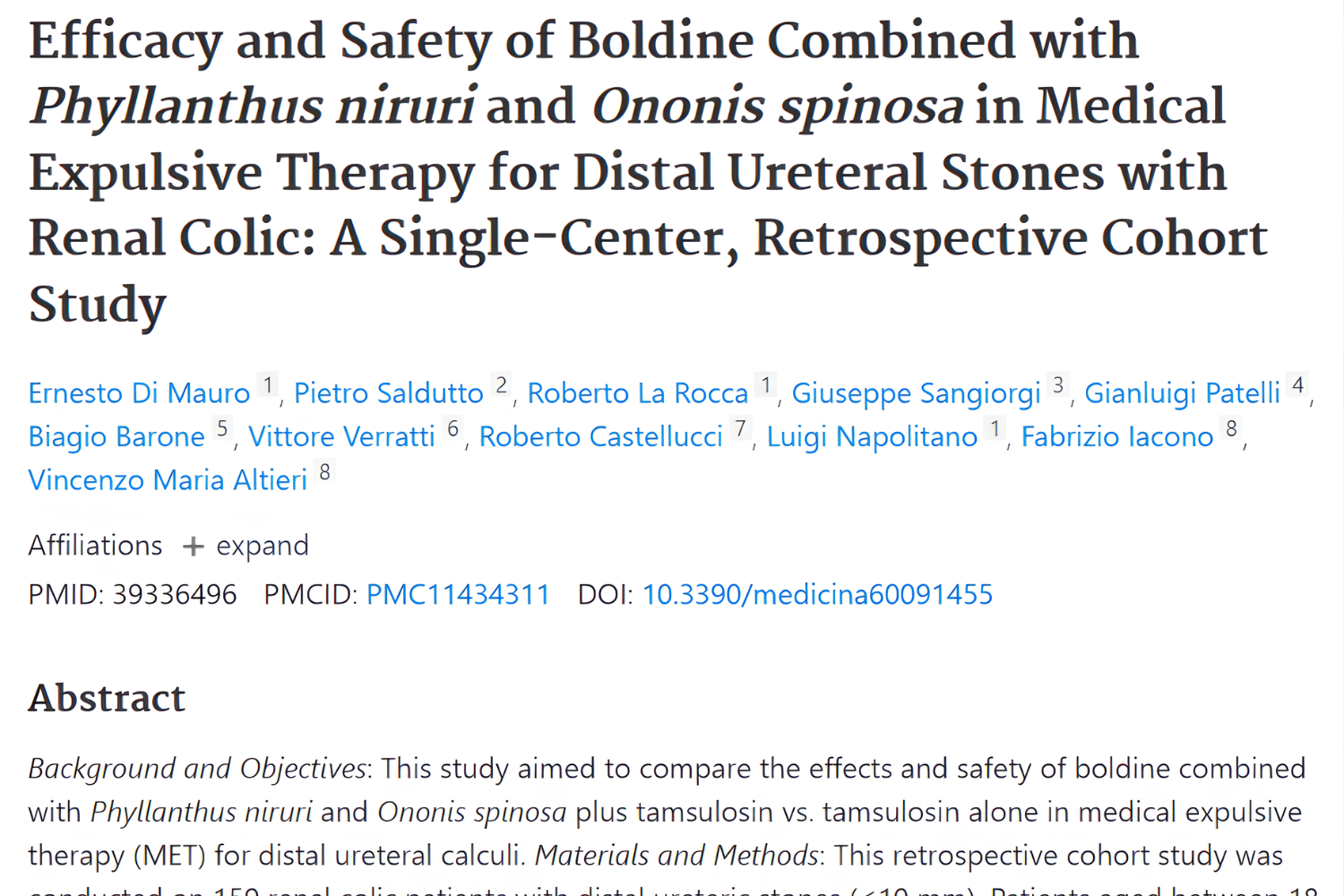 A research paper titled, "Efficacy and Safety of Boldine Combined with Phyllanthus niruri and Ononis spinosa in Medical Expulsive Therapy for Distal Ureteral Stones with Renal Colic: A Single-Center, Retrospective Cohort Study."