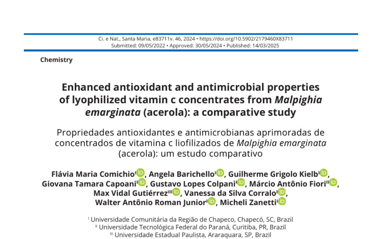 Title page of a scientific paper titled "Enhanced antioxidant and antimicrobial properties of lyophilized vitamin c concentrates from Malpighia emarginata (acerola): a comparative study".