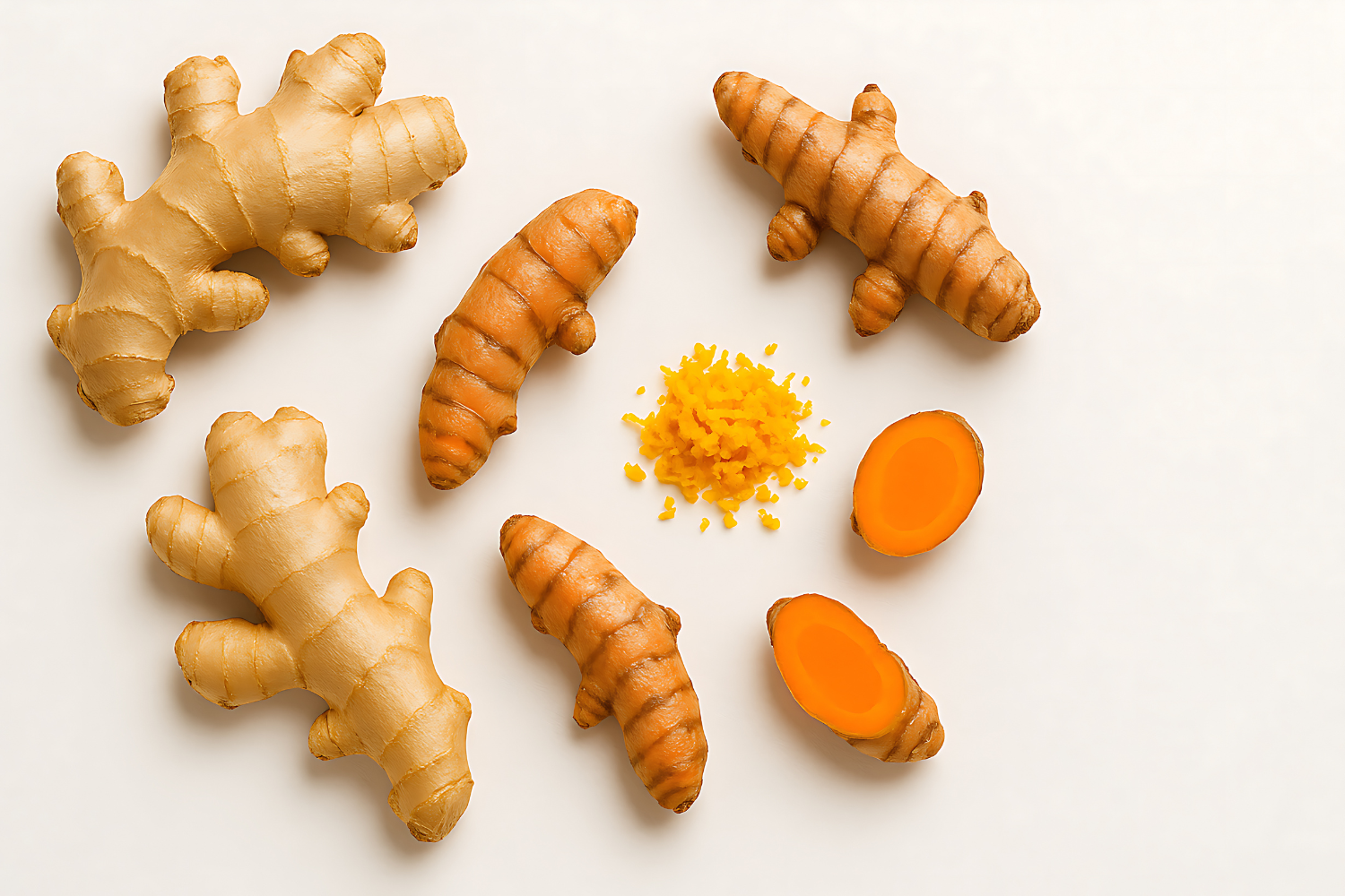 Whole and sliced turmeric roots with a pile of grated turmeric and whole ginger roots on a white background.