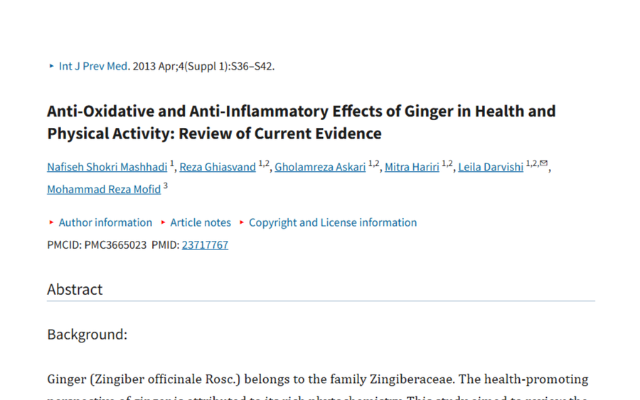 Title page of a scientific paper titled "Anti-Oxidative and Anti-Inflammatory Effects of Ginger in Health and Physical Activity: Review of Current Evidence", including author names and abstract information.