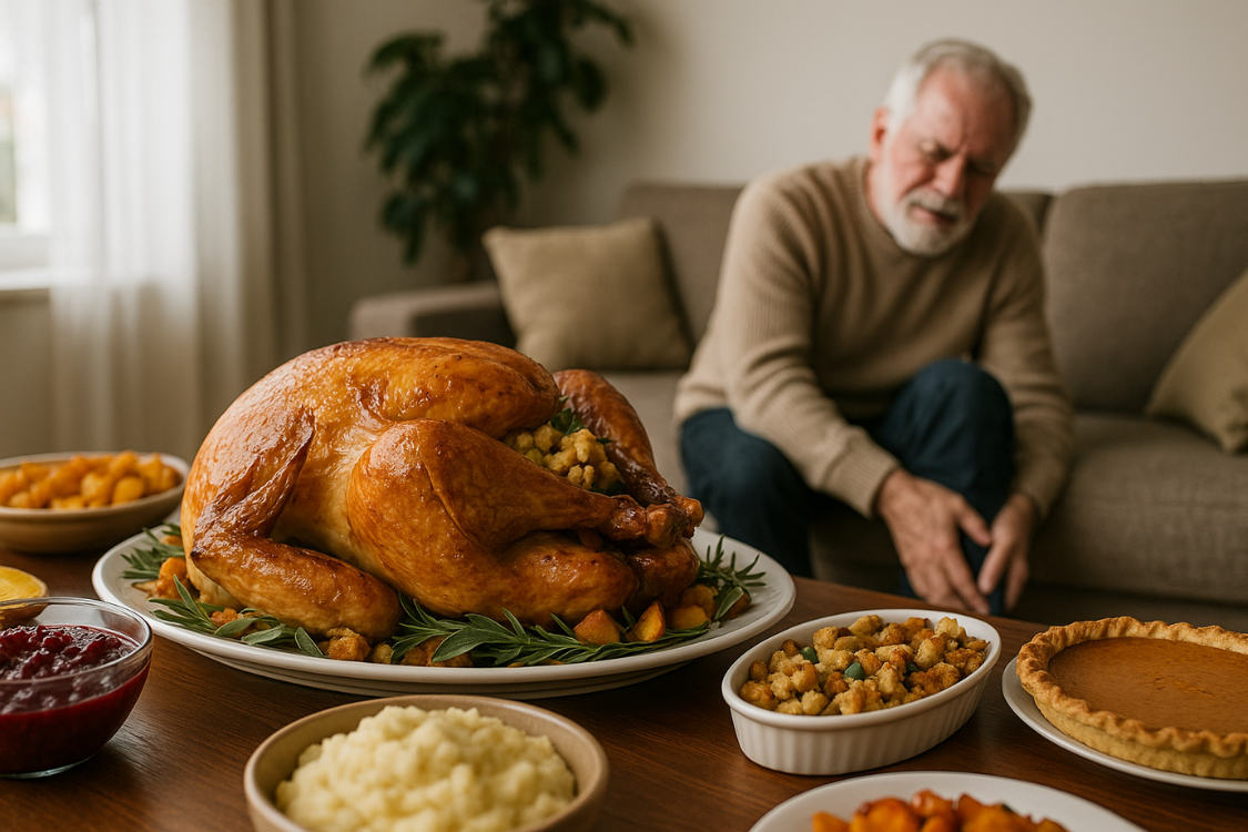 Man experiencing gout pain after eating a holiday turkey meal rich in purines