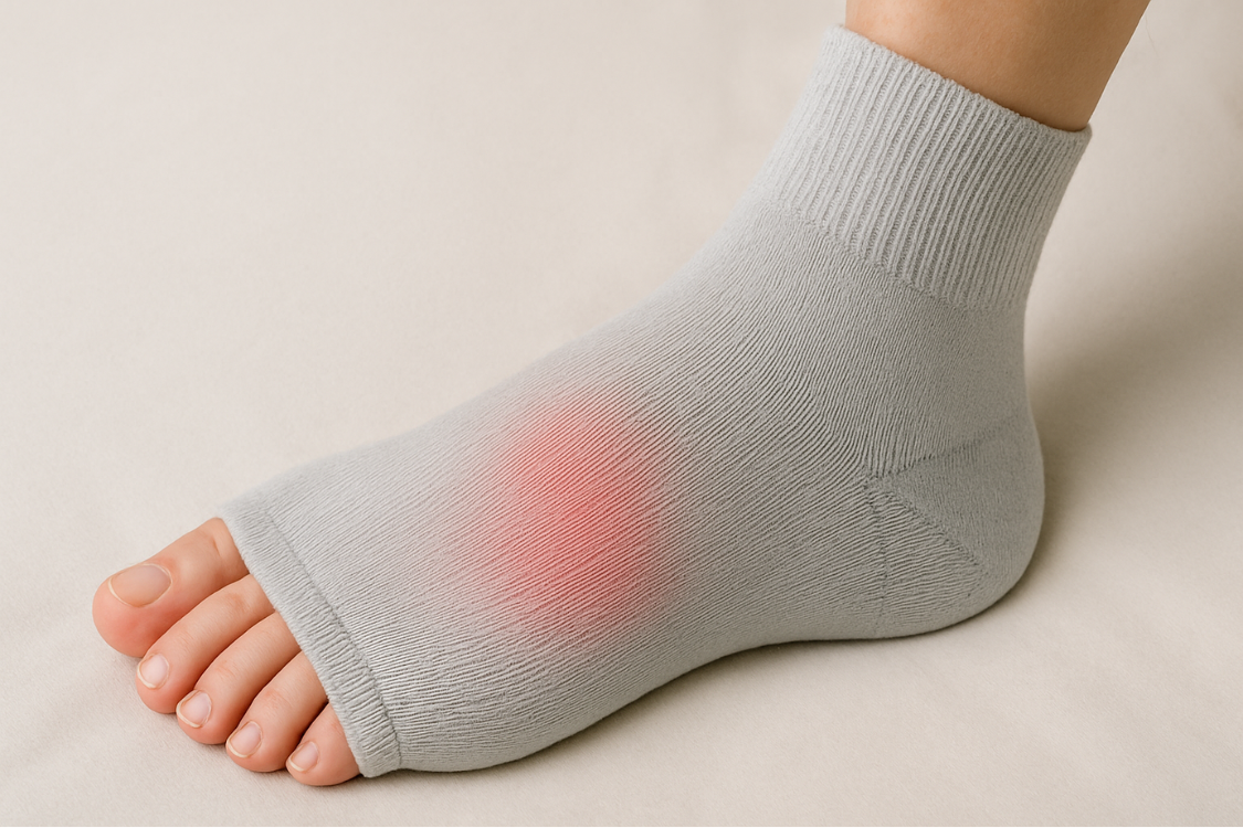Close-up of foot wearing a grey compression sock with redness indicating gout flare-up.