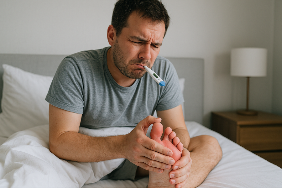 Man with a fever holding his red swollen toe during a gout flare-up