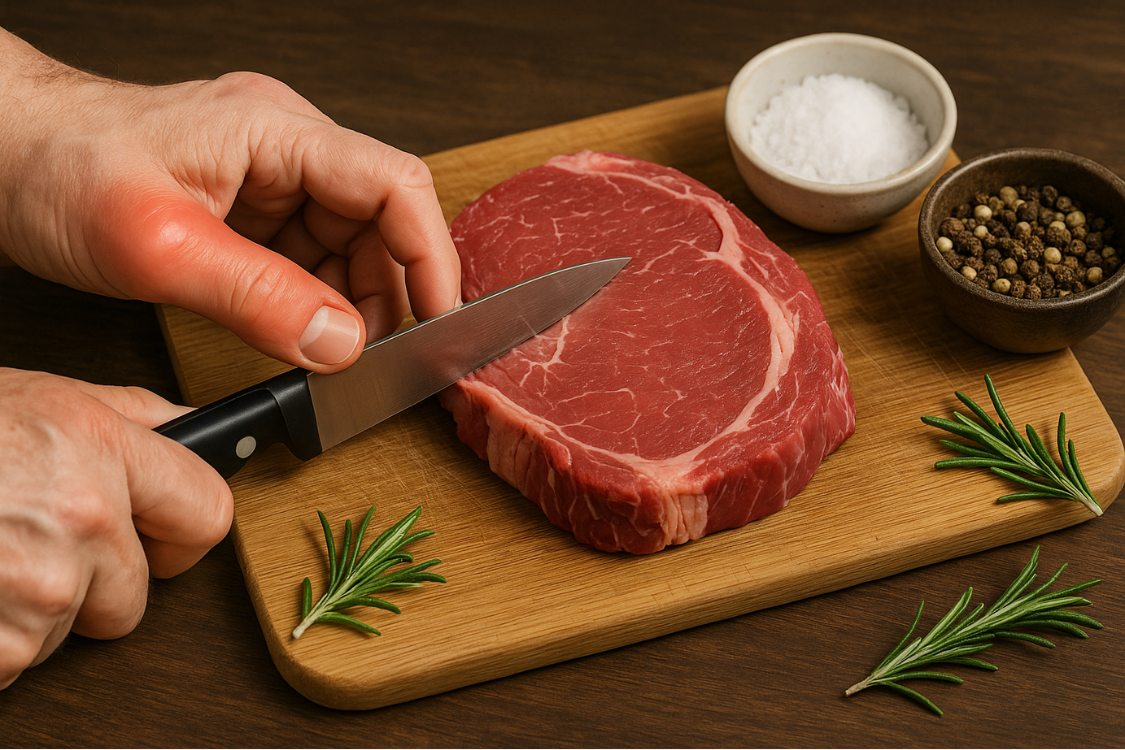 Person with red swollen thumb joint cutting red meat, illustrating a potential gout flare caused by a high-purine carnivore diet.
