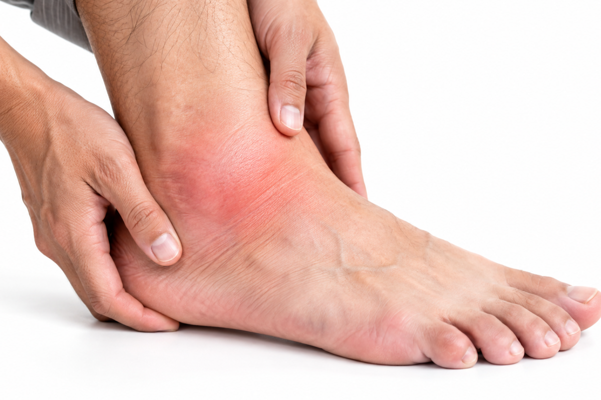 Swollen red ankle showing signs of a gout flare