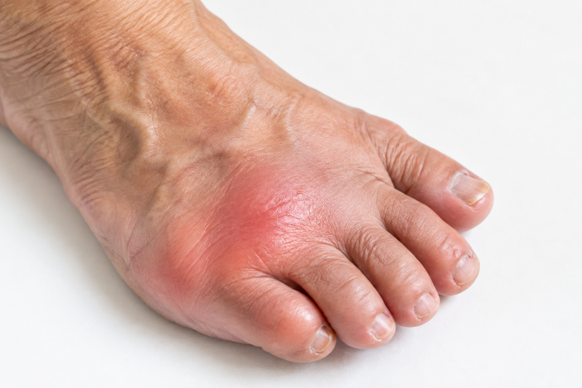 Swollen red ball of the foot showing a possible gout flare