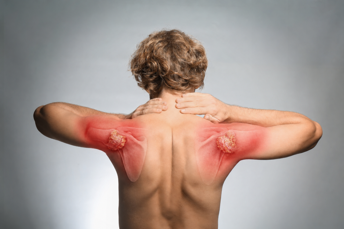 Back view of a man holding his neck with both shoulder joints highlighted in red, illustrating inflammation and gout-related pain in the shoulders.