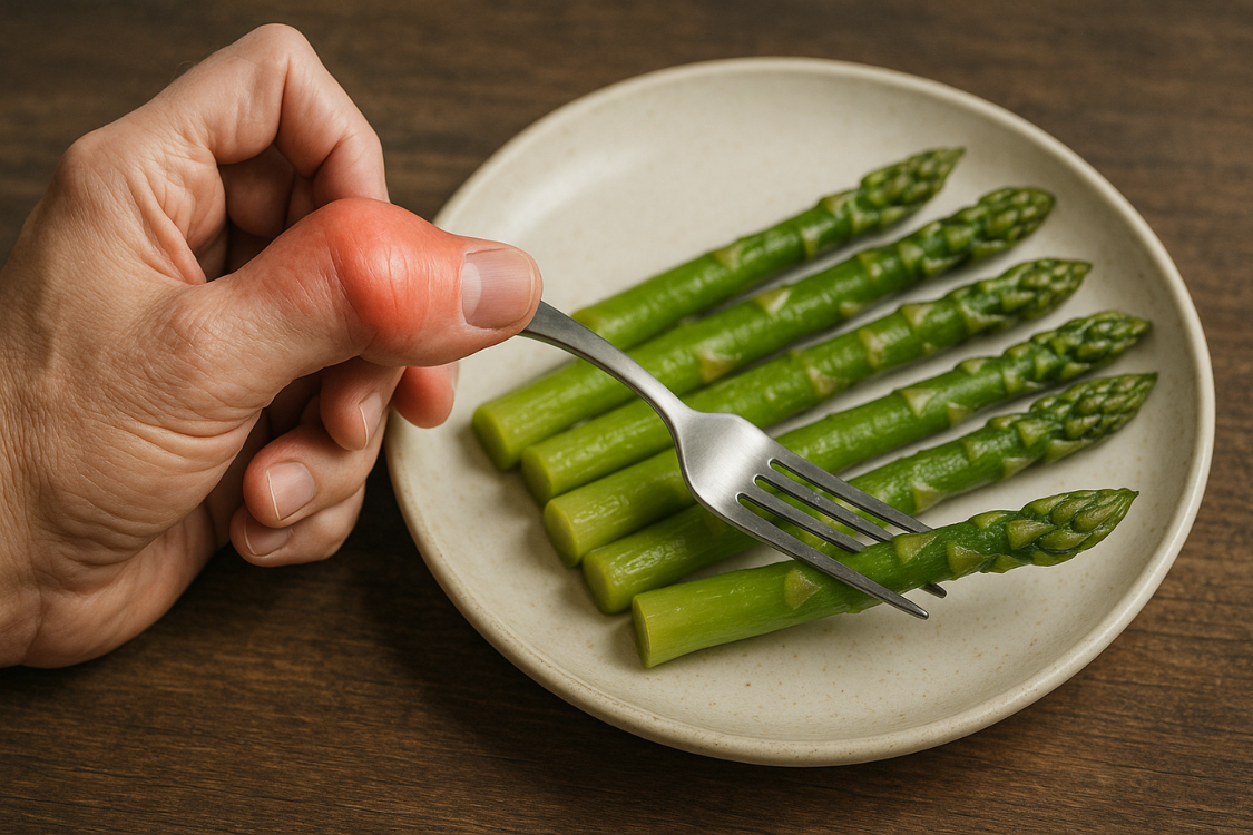 Close-up of a hand with a swollen, red thumb from gout gripping a fork with asparagus on a plate.