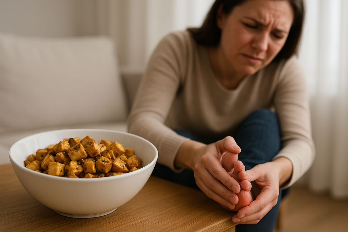 Woman experiencing gout pain while sitting beside a bowl of stir-fried tofu on a table