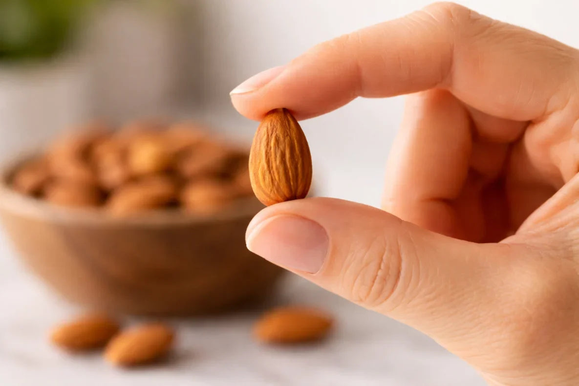 A hand holding an almond.