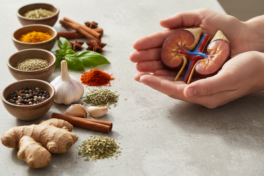 Hands holding kidney model beside herbs and spices for kidney health 