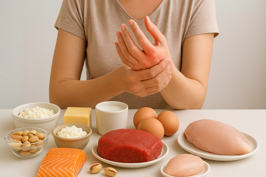 Woman holding her hand in pain with high-protein foods like meat, cheese, and eggs on table—possible gout flare-up trigger