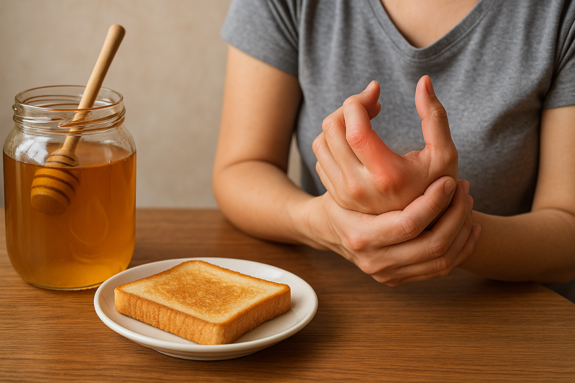 Woman with gout-related hand pain next to honey and toast, showing the possible connection between fructose and gout flare-ups.