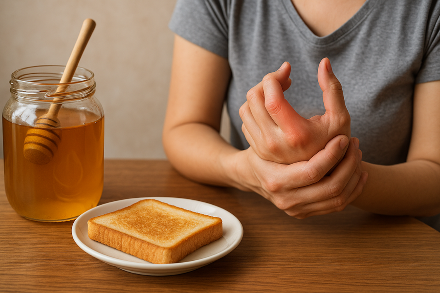 Woman with gout-related hand pain next to honey and toast, showing the possible connection between fructose and gout flare-ups.