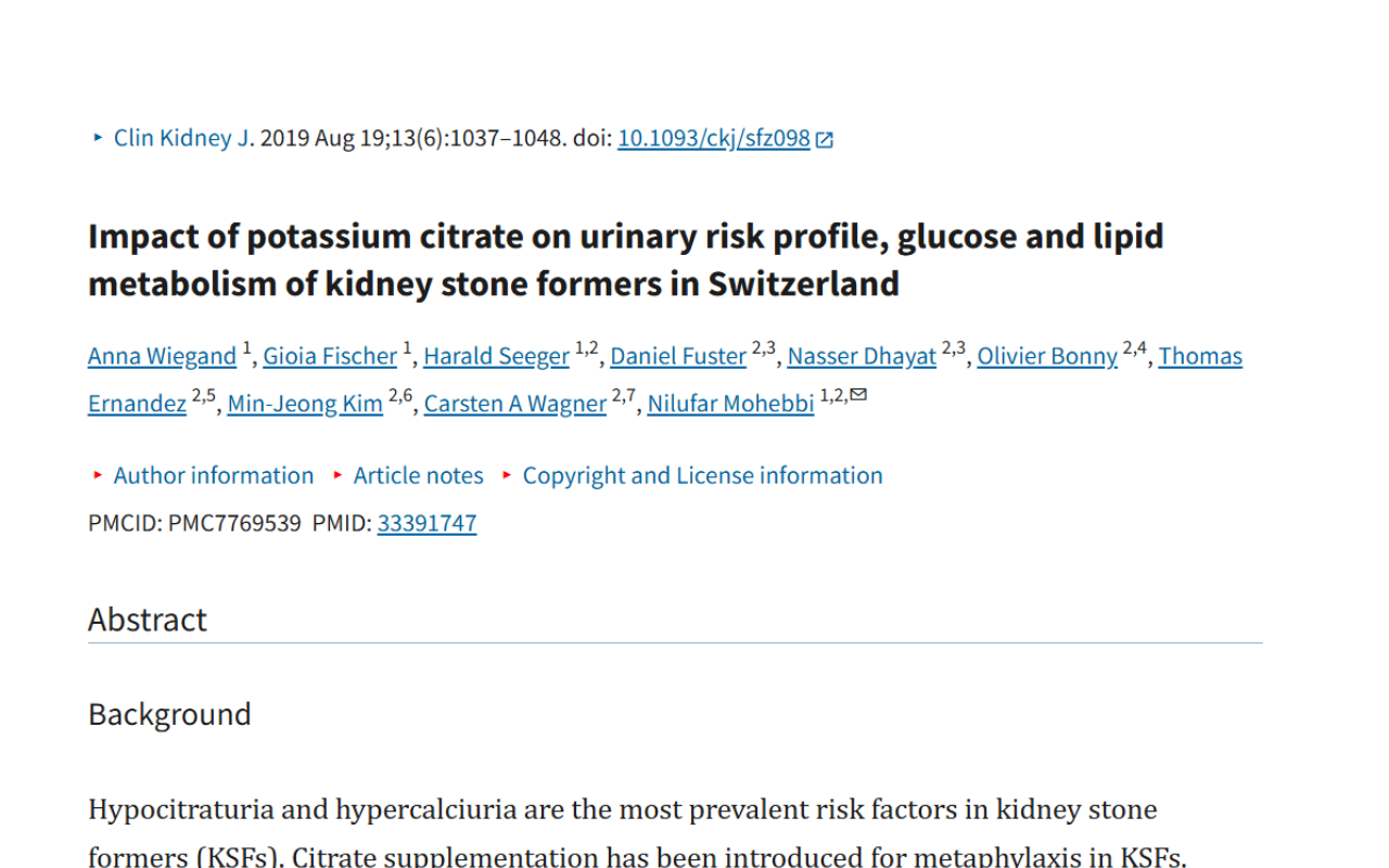 Title page of a scientific article titled 'Impact of potassium citrate on urinary risk profile, glucose and lipid metabolism of kidney stone formers in Switzerland', including author list and abstract details.