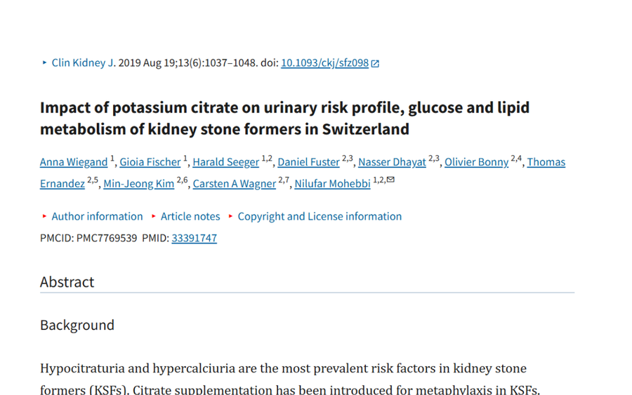 Title page of a scientific article titled 'Impact of potassium citrate on urinary risk profile, glucose and lipid metabolism of kidney stone formers in Switzerland', including author list and abstract details.