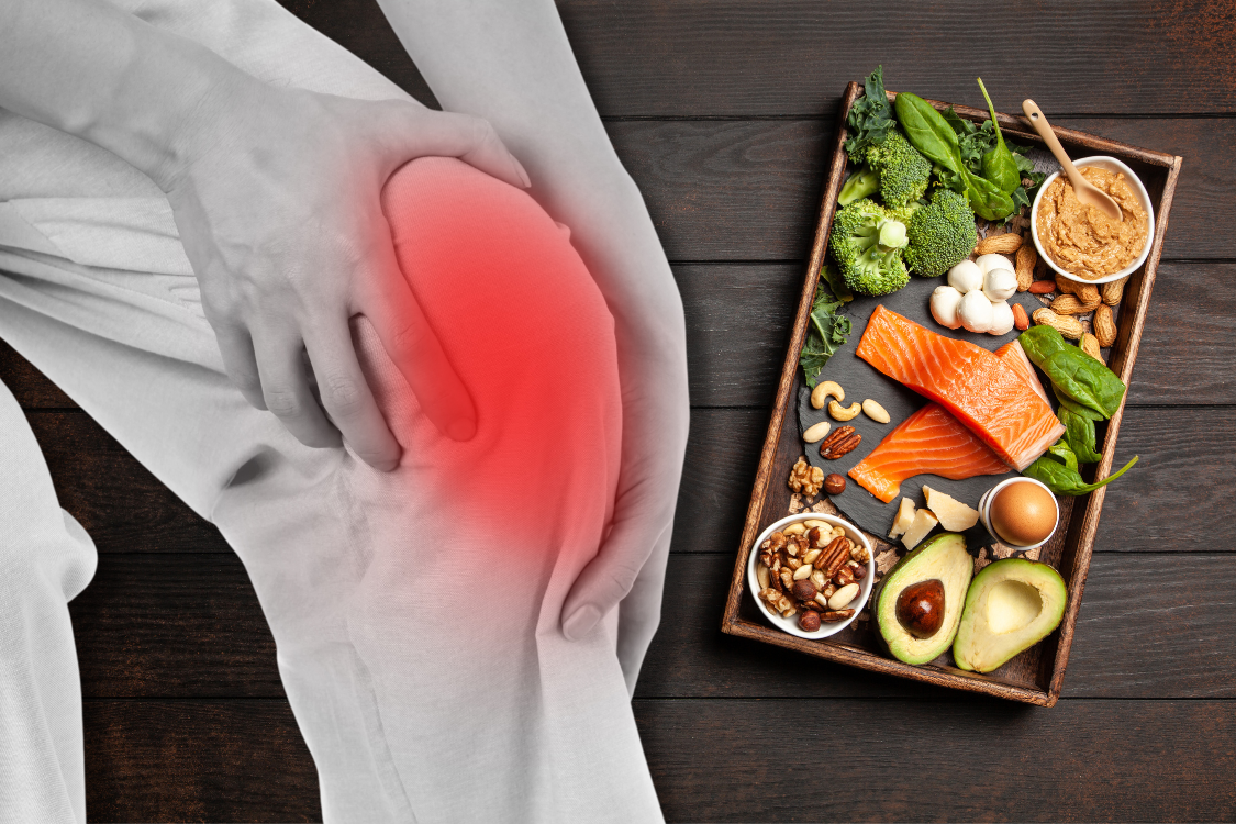 Person with knee pain from gout next to a tray of keto-friendly foods like salmon, avocado, nuts, and vegetables